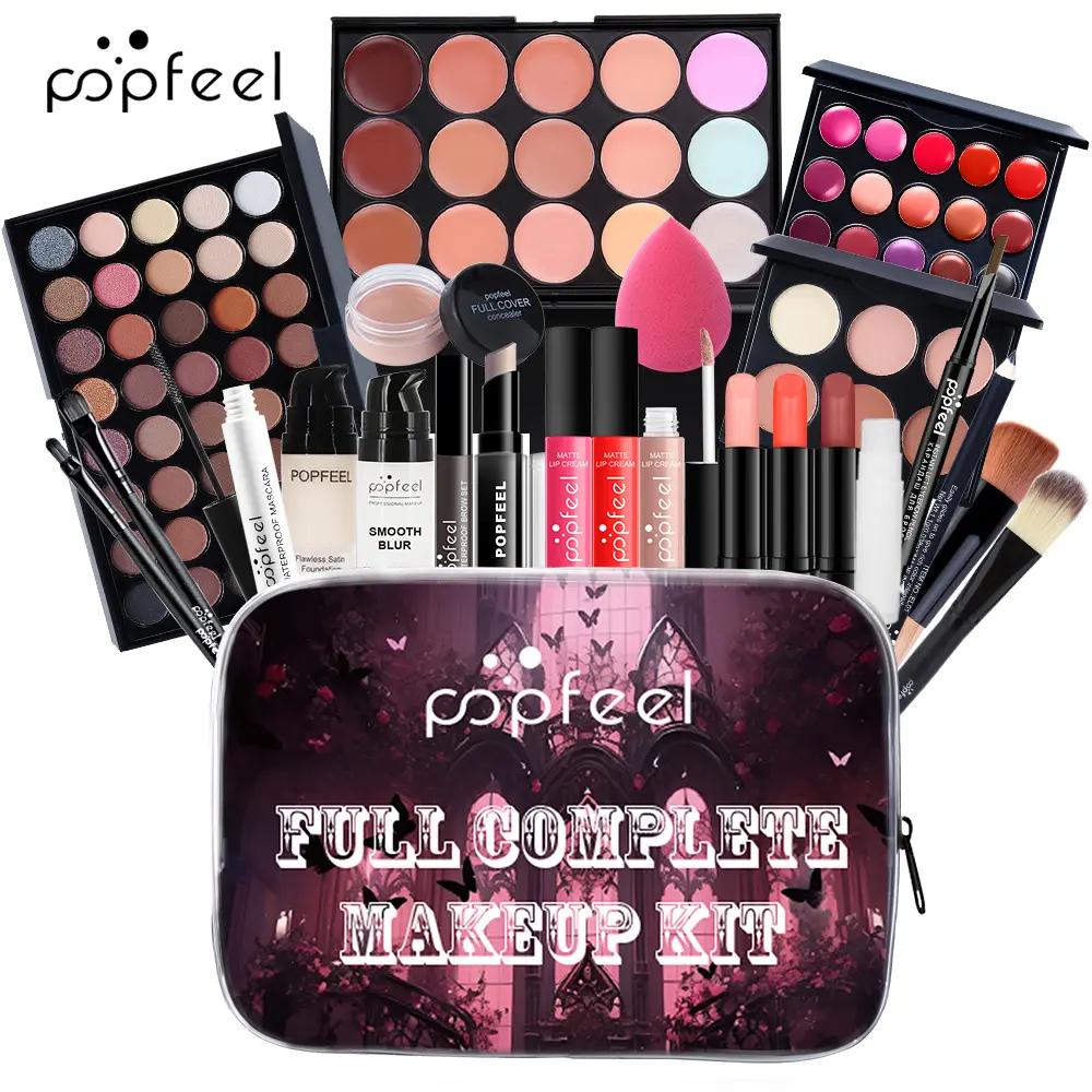 Popfeel All‑In‑One Complete Makeup Kit, Full Beauty Set with Eyeshadow Palette, Blush, Lipsticks, Foundation, Mascara, Makeup Brushes & Sponge, Portable Makeup Gift Set for Beginners & Party