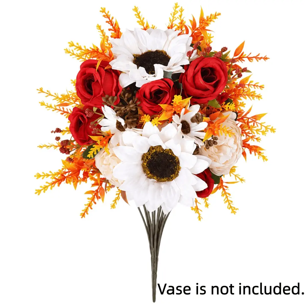 8pcs Autumn Artificial Flowers, Sunflowers with Venus Roses, Mixed Bouquet, Ideal for Home Decor, Wedding, Festival, and Seasonal Displays