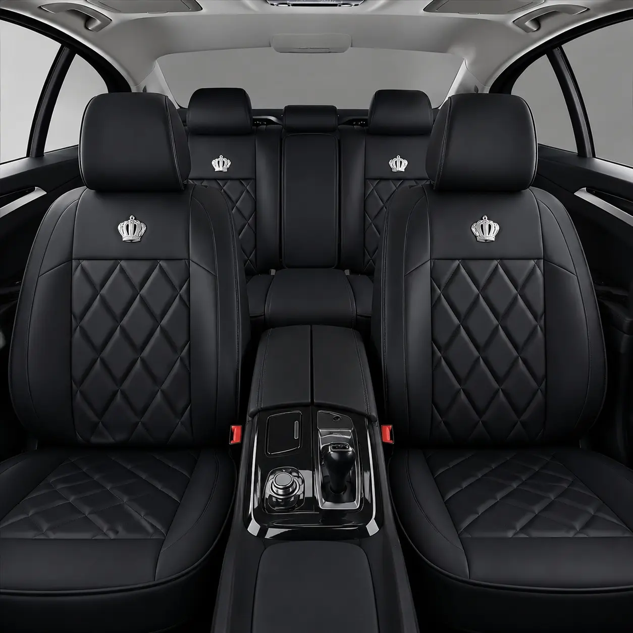 Full-Enclosure Universal Car Seat Covers, Business Style PU Leather, Sparkling Rhinestones Queen Crown Decor, Luxury Car Interior
