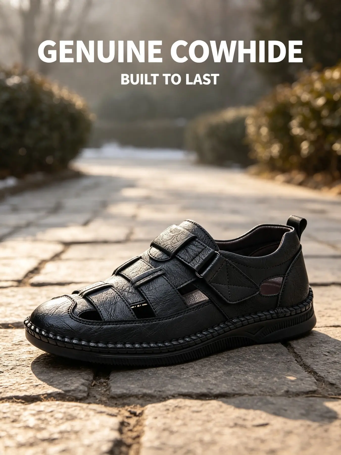 Men's Leather Sandals, Closed-Toe Breathable Design, Adjustable Hook-And-Loop Strap, Non-Slip Rubber Sole, Summer Outdoor Beach Shoes