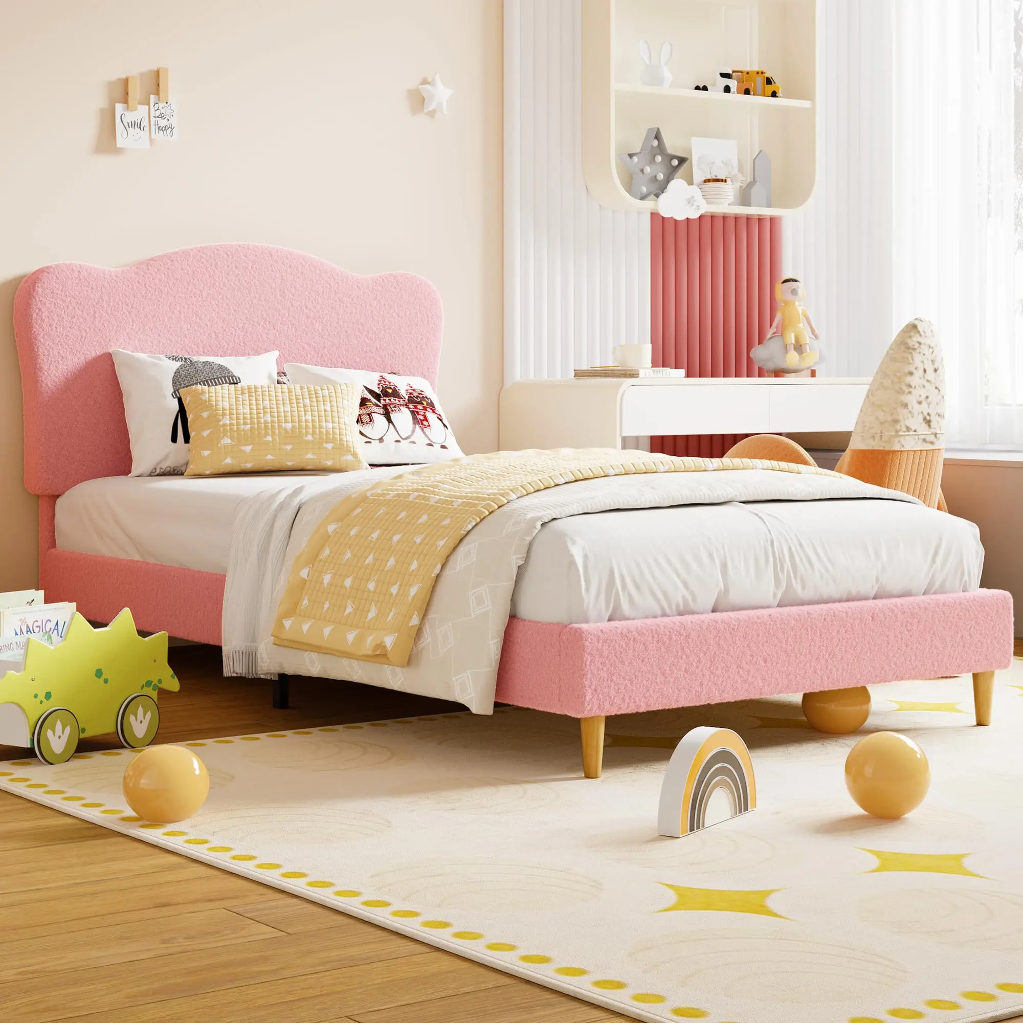 Twin Size Upholstered Bed Frame with Curved Headboard, Cozy Sherpa Fleece Platform Bed for Kids & Girls, Heavy Duty 600lbs Capacity, Noise-Free & Easy Assembly, Light Pink