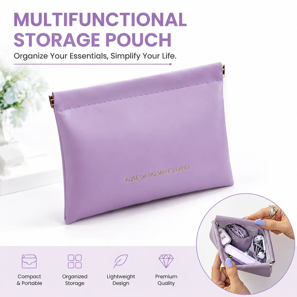 PU Leather Auto-Close Portable Organizer Bag, Zipper Storage Pouch for Cables, Charger, Cosmetics & Glasses-YY0
