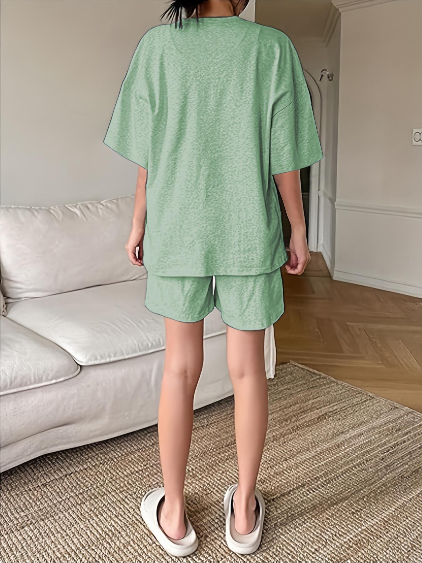 Women's Solid Color Short Sleeve Round Neck Tee & Pocket Elastic Waist Shorts Loungewear Two-Piece Set, Casual Comfy Breathable PJ Set, Loungewear Pjs Set for Daily Home Wear, Ladies Summer Sleepwear