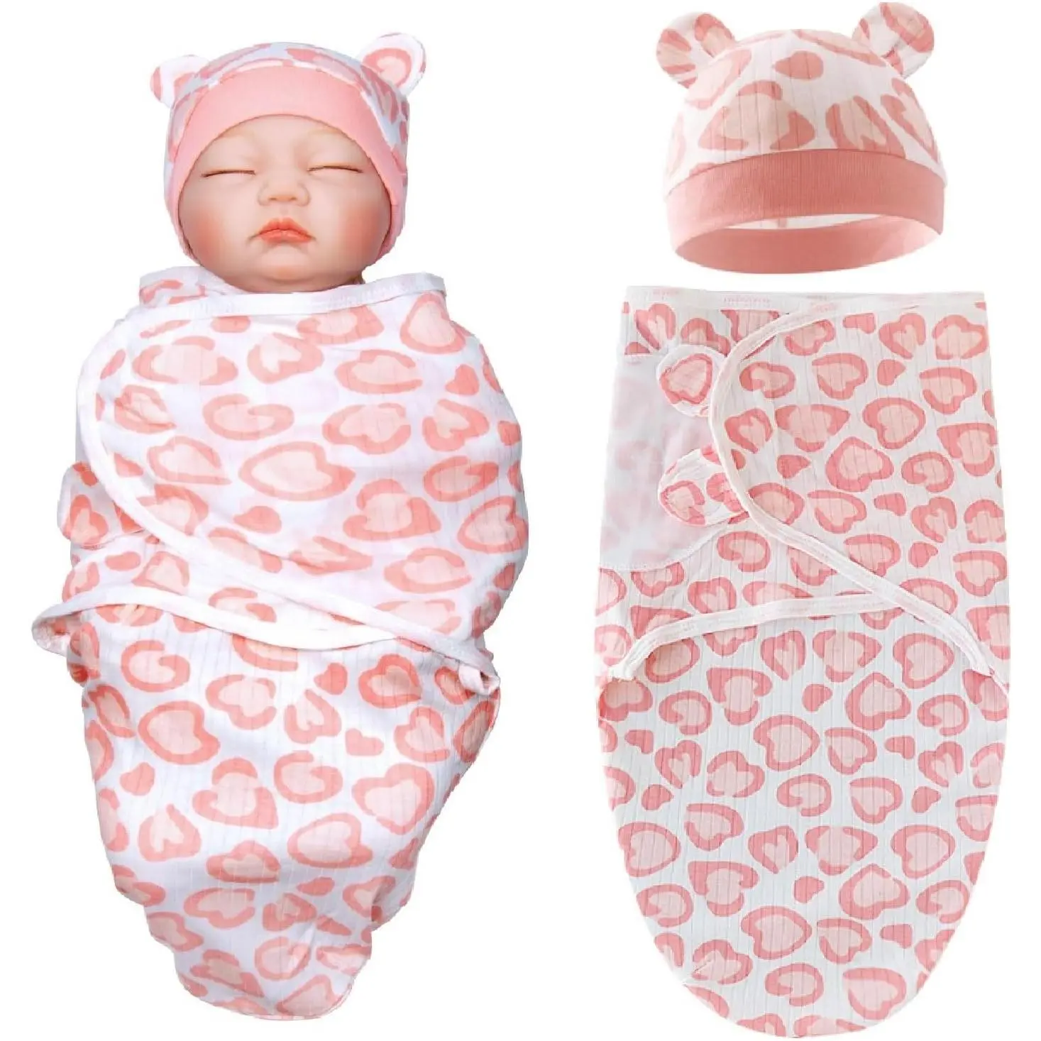 Unisex Reborn Doll Clothes Set Pack, 2-Pcs Pink Heart Swaddle Blanket+Hat Accessories, Safe Materials, for 17-22 in Newborn Dolls