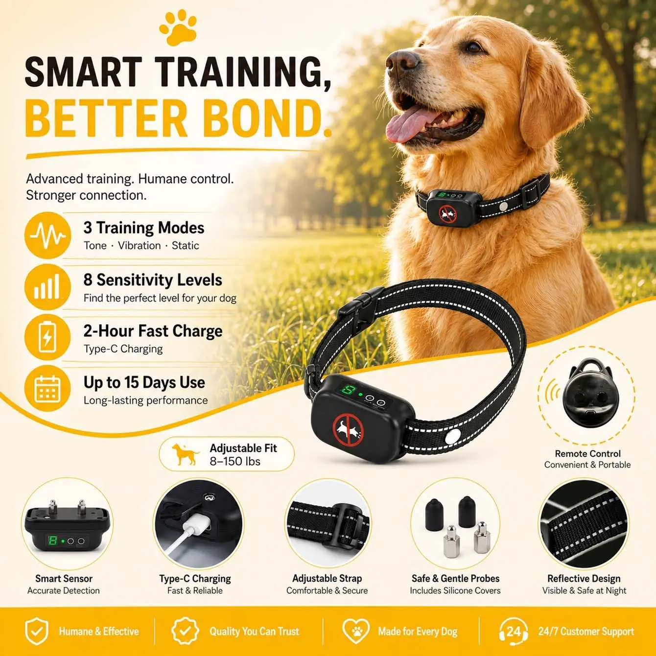 Premium Smart Dog Training Aid Collar with Remote Control, LED Display & Adjustable Sensitivity, 3 Mode Training System, Fast Charging Pet Collar with Reflective Adjustable Strap for Everyday Dog Training