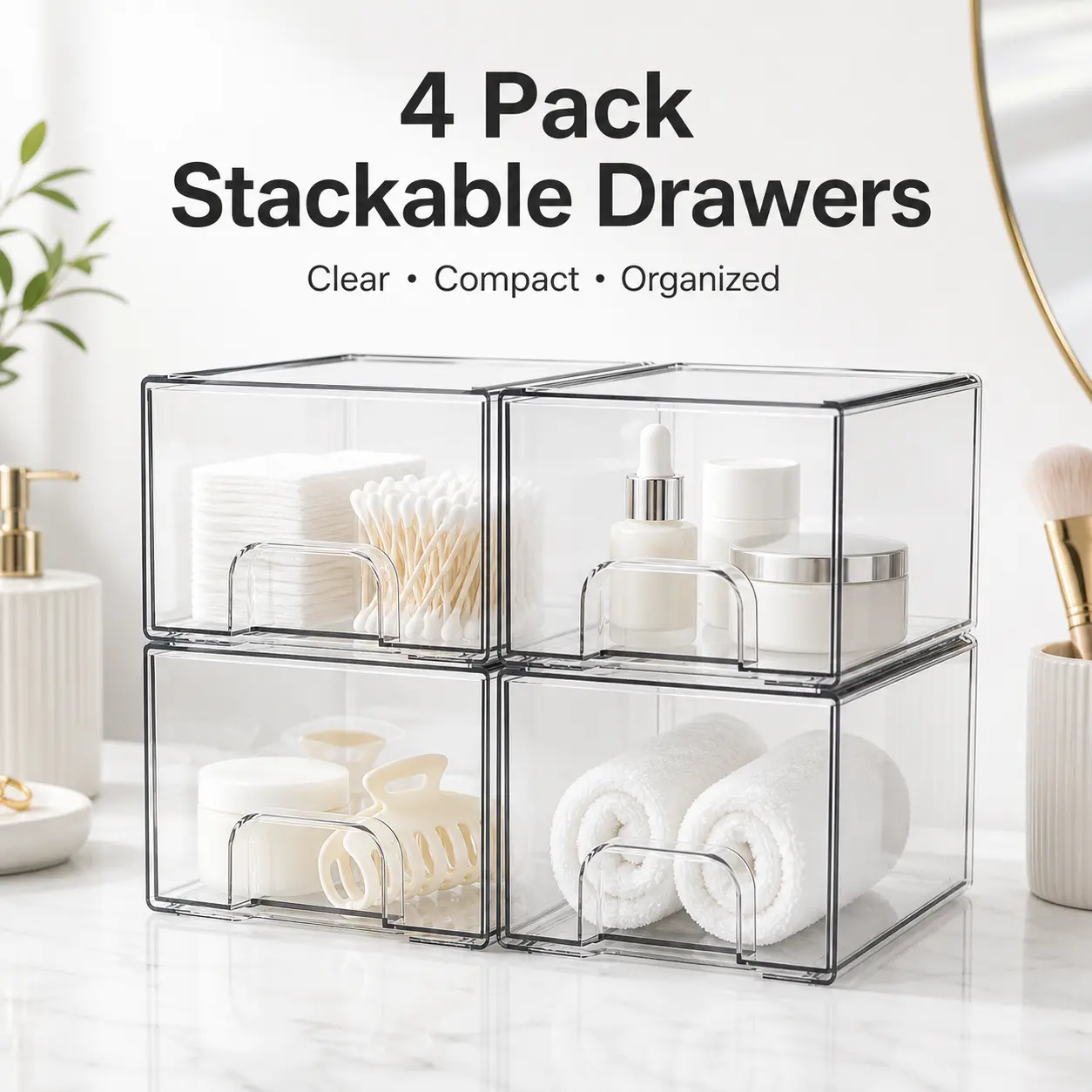 4 Pack Clear Acrylic Stackable Storage Drawers, 4.4-Inch Tall Plastic Bins for Bathroom, Makeup and Medicine Cabinet Organization