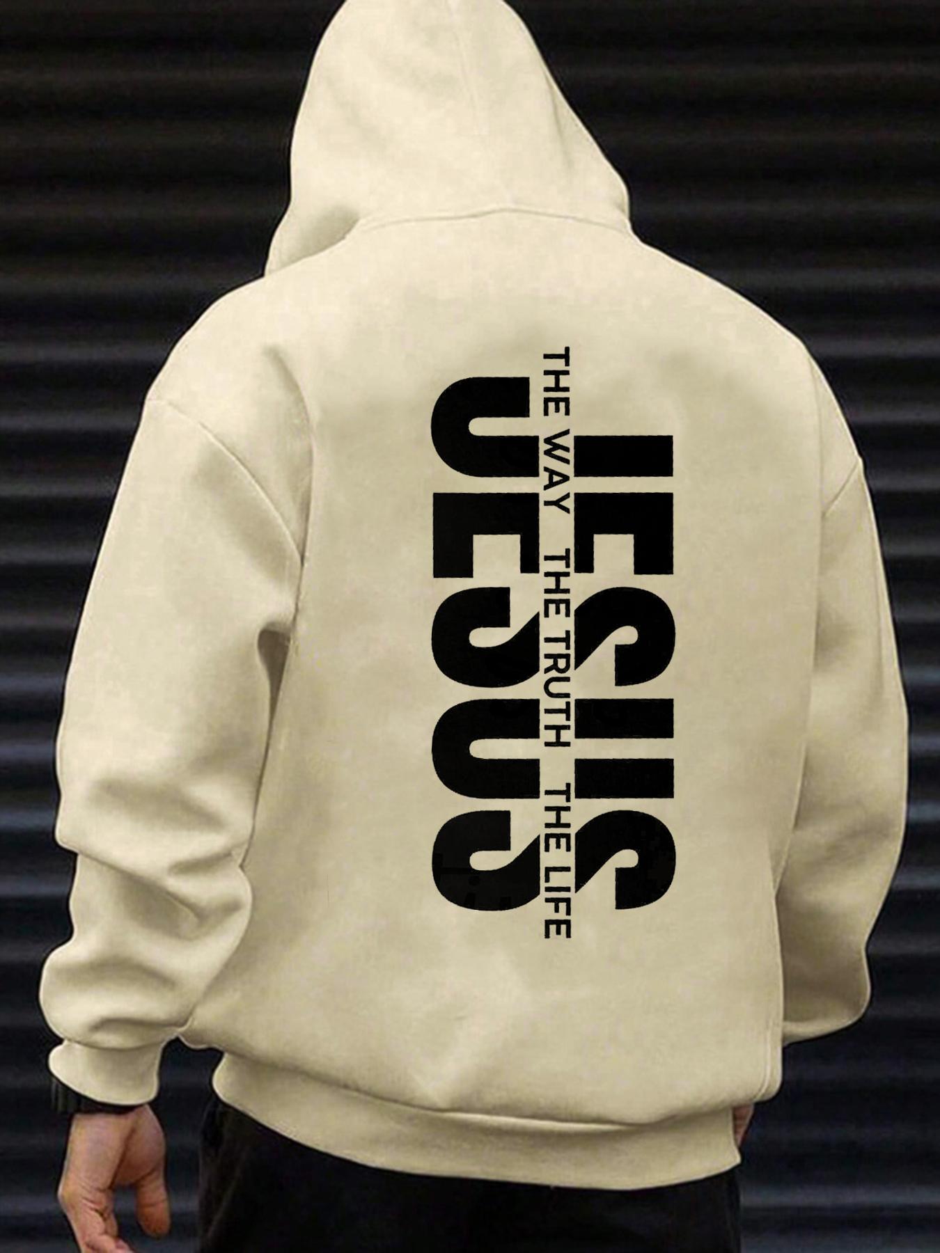 Men's Jesus The Way The Truth The Life Letter Print Knitted Hoodie, Regular Fit Casual Long Sleeve Graphic Hooded Sweatshirt for Daily Wear, Men's Clothes for Fall & Winter