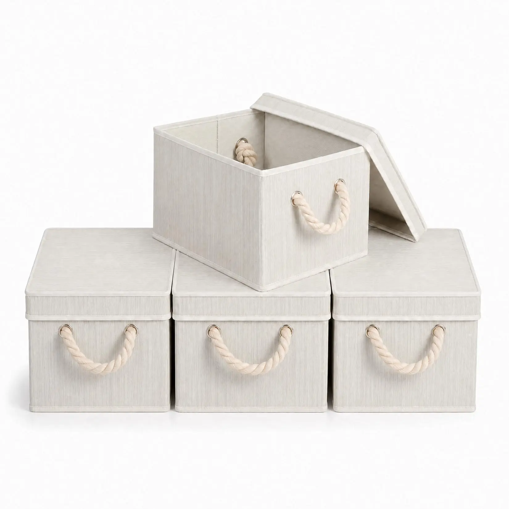 4-Pack Foldable Fabric Fold Storage Bins with Lids, Reinforced Cardboard, Rope Handles, 11.81×6.69×9.05 in Beige Polyester Cotton Home Organizer Boxes for Clothes, Toys