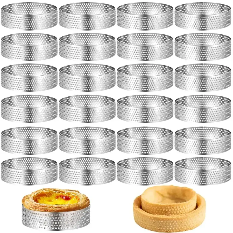 24Pack Stainless Steel Tart Rings | Perforated Round Mousse Cake Rings, Metal Pastry Mold for Baking Cooking Pastries, Small Fruit Tartet Crust, Ideal for Christmas, Halloween, Hanukkah, Thanksgiving, Valentine'S Day