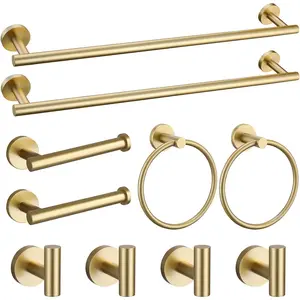 10 Pieces Brushed Gold Towel Bar Set SUS304 Stainless Steel Bathroom Hardware Accessories, Wall Mounted 23.6 Inch Towel Rack Toilet Paper Holder for Bathroom