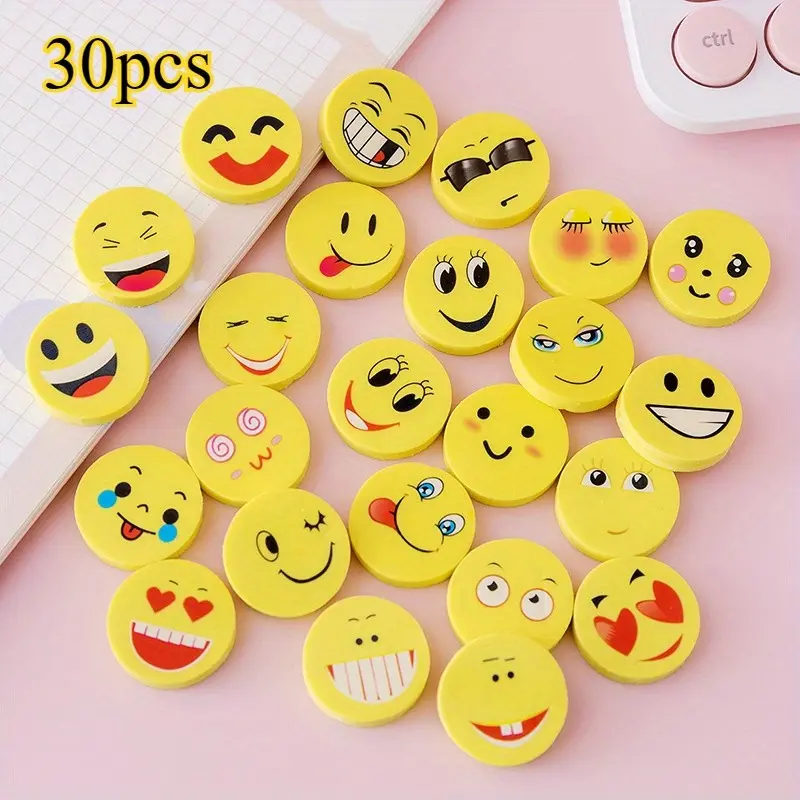 30-Pack Round Emoji Erasers, Natural Rubber Smiley Erasers, Fun Design for School Supplies, Halloween & Christmas Party Gifts
