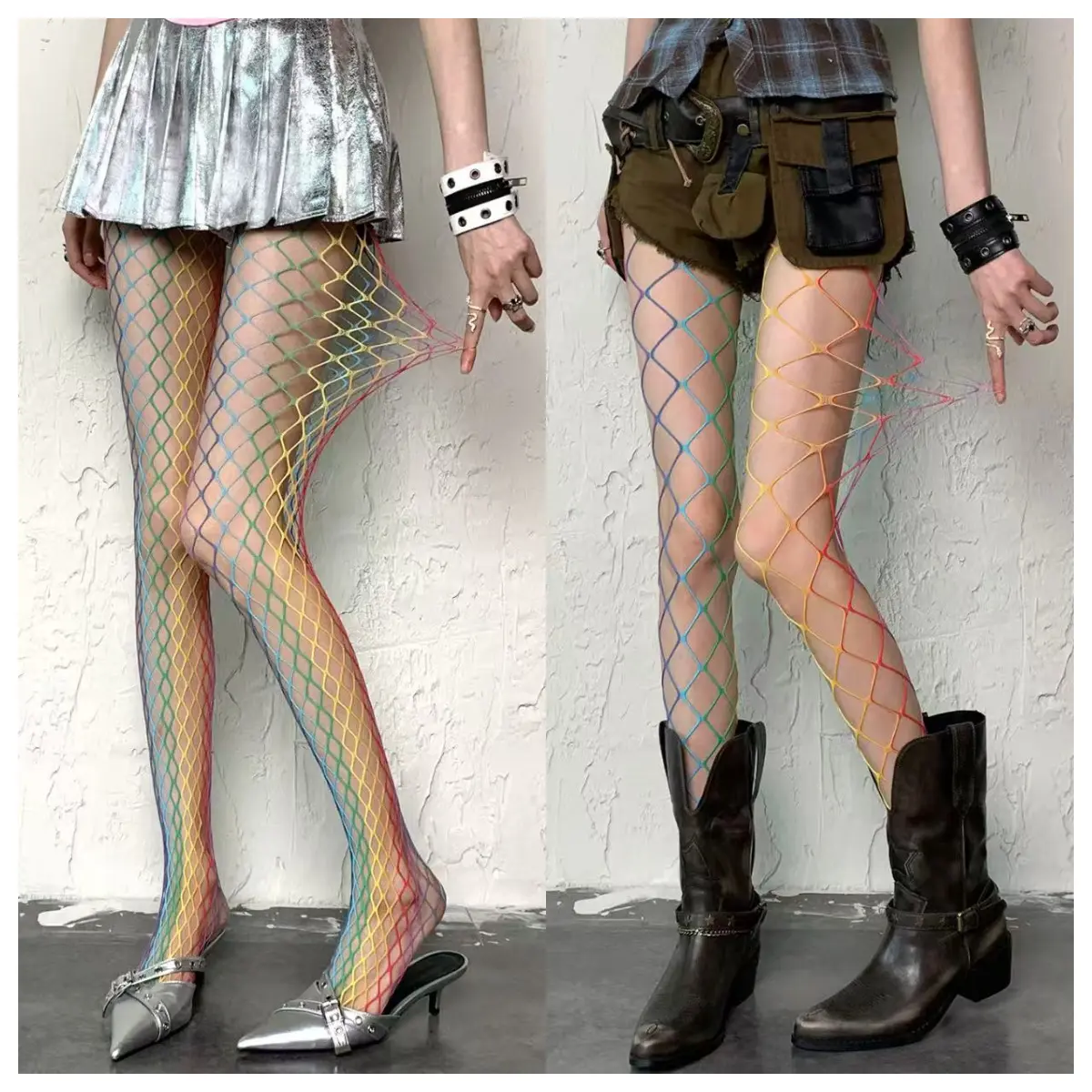 Women's 3-PCS Gradient Fishnet Stockings - Large Mesh Rainbow Socks, Multi-Size Sheer Fishnet Grid Tights, Festival Wear for Party Outfits (Sports & Outdoor Sun Protective Accessory), Mesh Tights