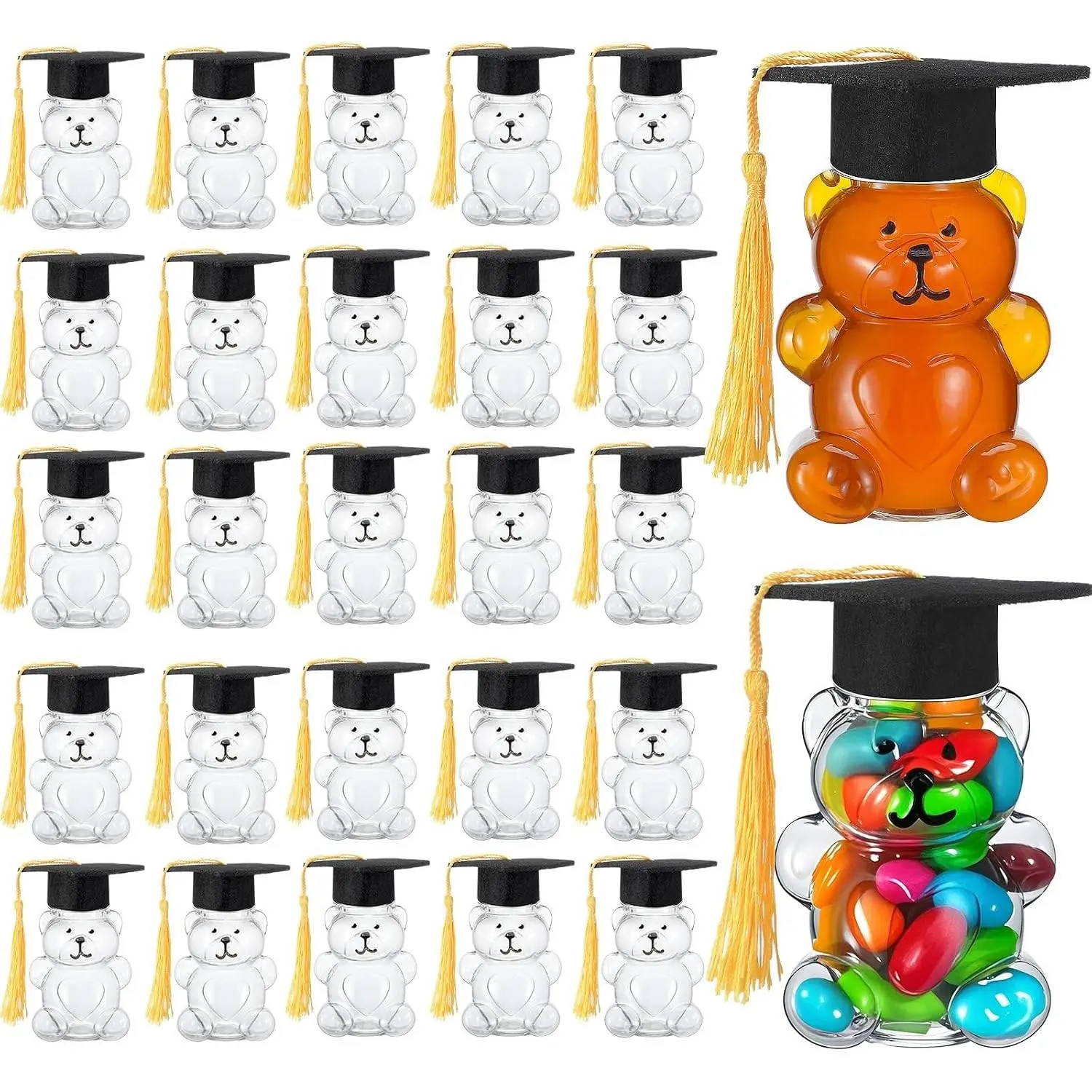 50 Sets 2026 Graduation Cap Bear Candy Jar 2oz Empty Bear Plastic Container with Graduation Cap with Tassel Grad Bear Bottle DIY Gift for Graduation Party Favor Decoration Supplies