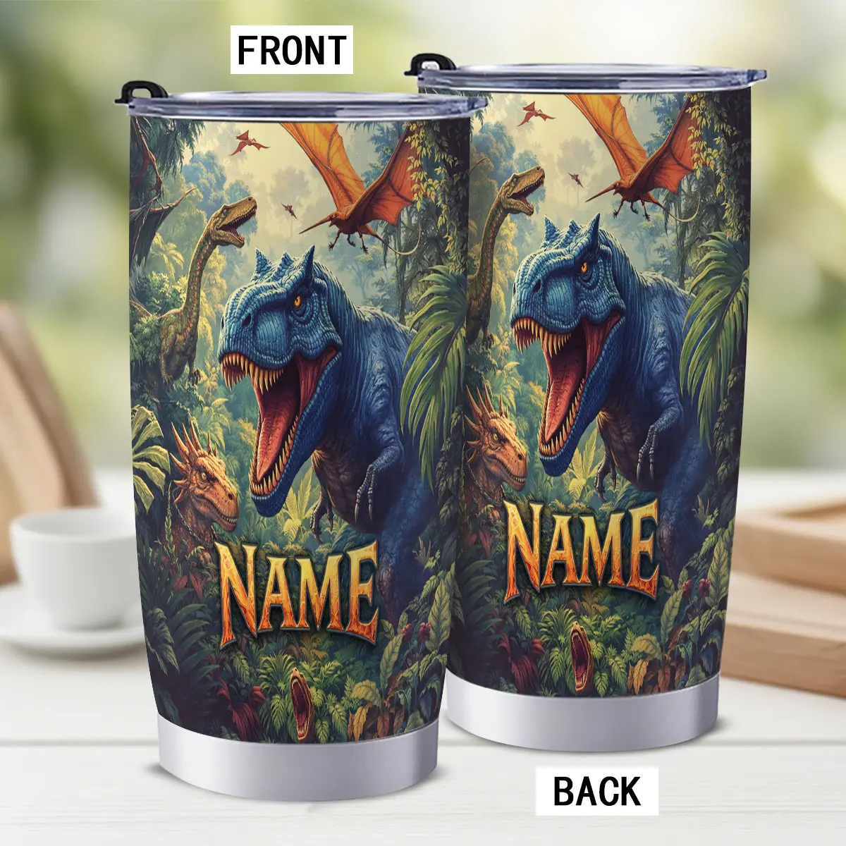 Customized 1pc Dinosaur Jungle Designed 20oz Stainless Steel Insulated Cup Tumbler Cup with Straw and Lid, Trendy Custom Name/Text 600ml Cup Coffee Mug Travel Cup Car Cup for Daily Use Gift Home Car Gym Travel Fitness Office