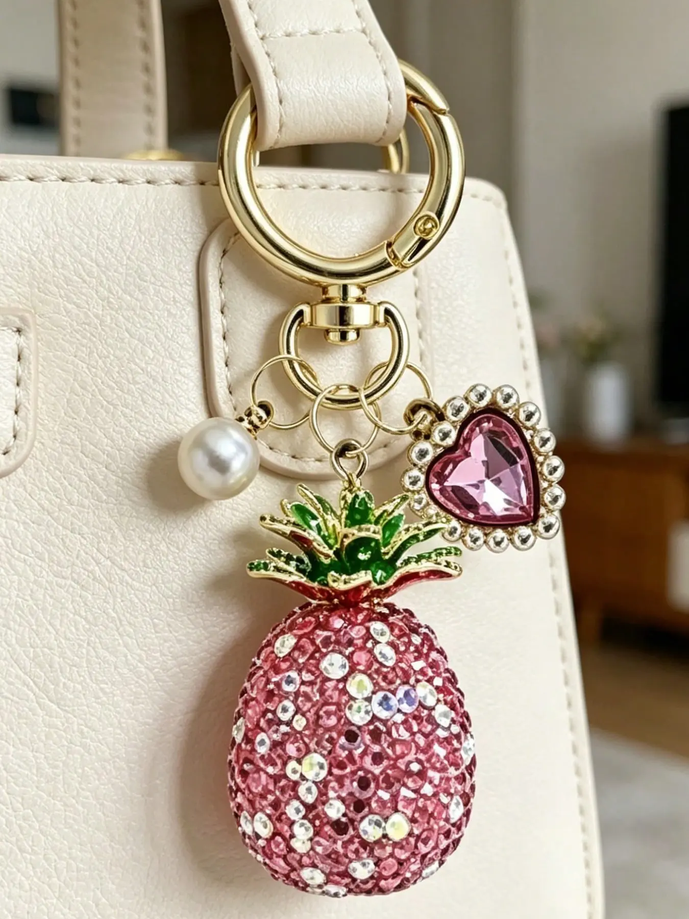 Boho Style Pineapple Bag Charm, Sparkling Rhinestone Fruit Keychain, Summer Beach Essential, Durable Alloy, Safety Clip, Fashion Accessory, Sparkly Bag Charm