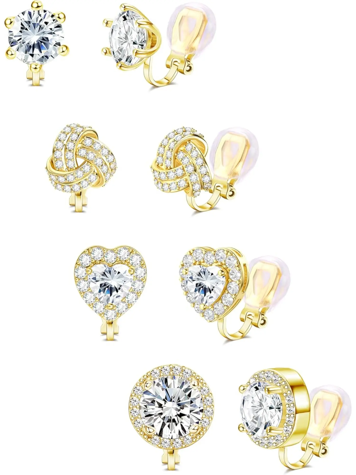 4 Pairs Clip on Earrings Women - Hypoallergenic Non Pierced Earrings Small Cubic Zirconia Flower Heart Square Twist Knot Fake Earring Set Wedding Dance Gift