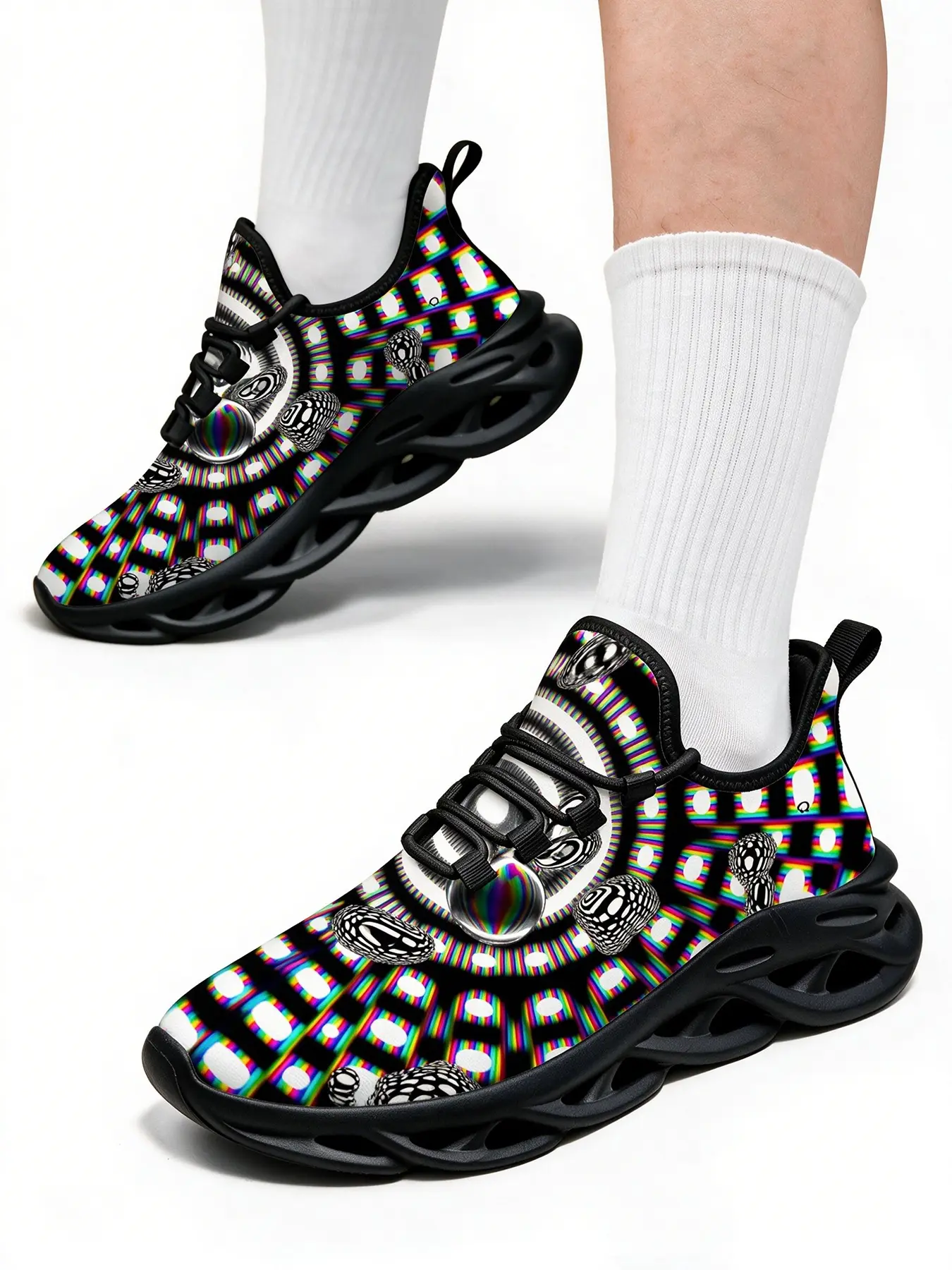 Men Women Optical Illusion Chunky Sneakers, Psychedelic Rainbow Glitch Geometric Op Art Abstract Print Mesh Walking Shoes, Lightweight Non Slip LaceUp Casual Footwear for Rave Festival Party Daily Street Wear