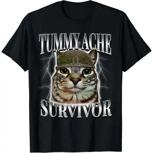 Tummy Ache Survivor Cat Meme Funny Saying Cats Animals T-Shirt for adult boy graphic Tees shirts funny vintage fashion Short Sleeve tops vacation outfits clothing