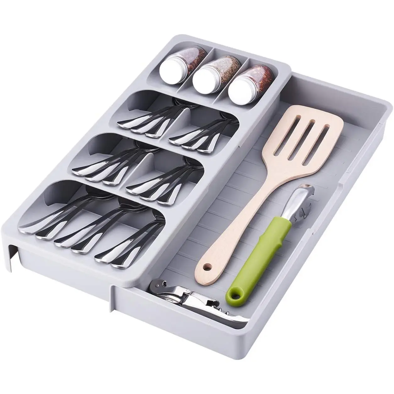 Expandable Kitchen Drawer Organizer, Adjustable Cutlery Trays and Utensil Holder, Kitchen Drawer Dividers Storage for Silverware, Flatware, Knives, Spoons, Gray