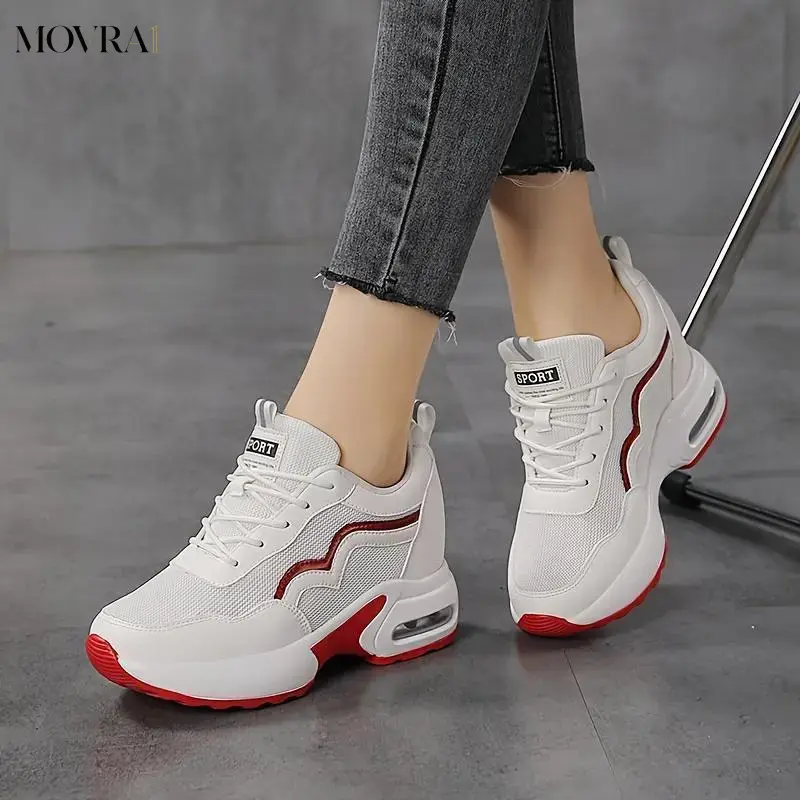 MOVRA1 Breathable Mesh Color-Block Sneakers - Women's Air Cushion Shock Absorption Casual Lace-Up Shoes with Heart Accent - Comfortable All-Season Footwear