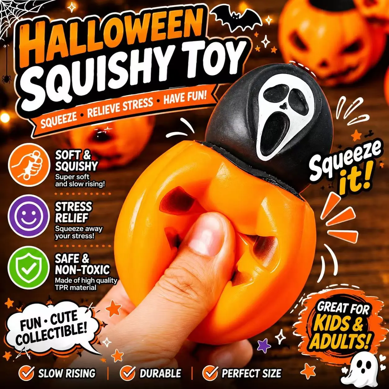 Funny Pumpkin Head Ghost Squishy Toy, Halloween Fun Stress Relief, Cute and Quirky Design, Perfect Gift for Kids and Adults