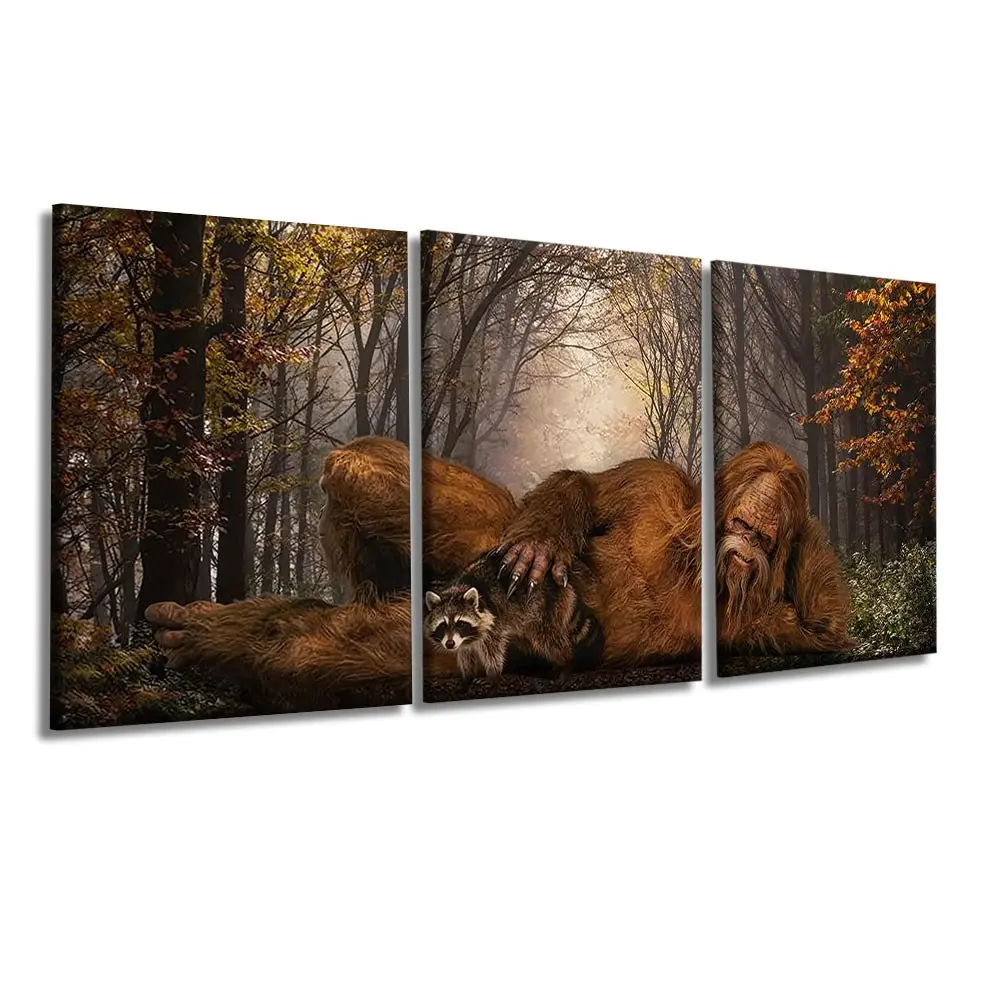 3-Panel Framed Canvas Wall Art, Bigfoot Sasquatch With Raccoon Autumn Forest Canvas Print, Mysterious Woodland Creature Wall Decor, Fantasy Wildlife Art For Cabin Man Cave