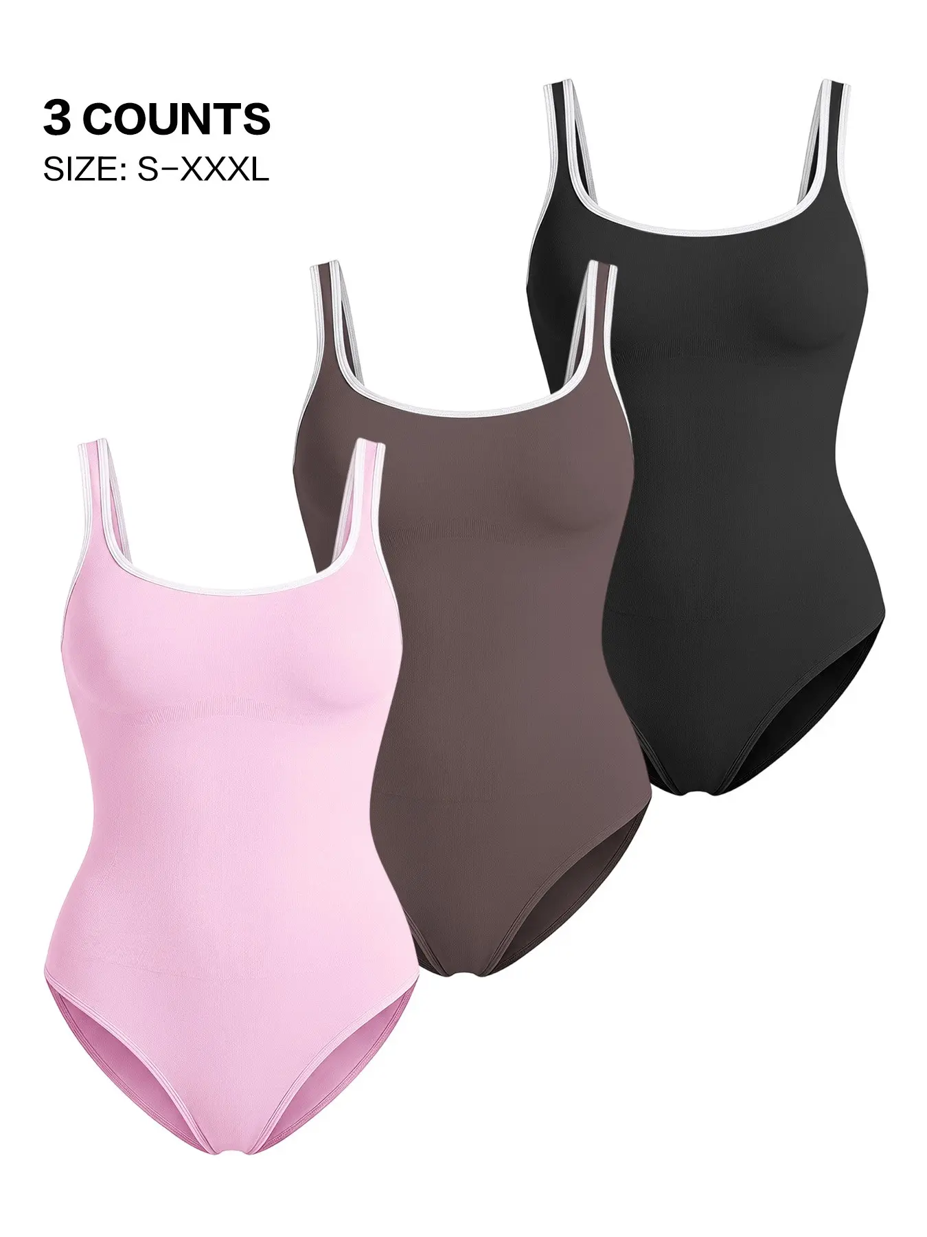 Women Square Neck Cami Bodysuit Shapewear, Contrast Trim Seamless Tummy Control, Casual Y-Type Regular Length, All Seasons