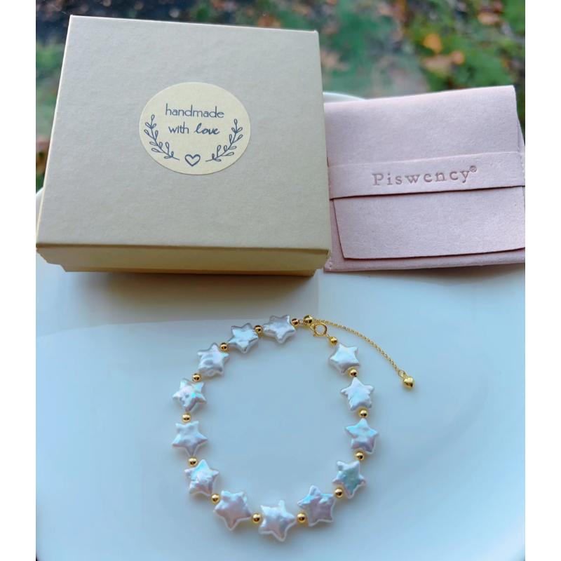 Piswency Star Baroque Pearl Bracelet, Real Freshwater Pearls Adjustable Bracelet, 925 Sterling Silver Setting, Gift for Her.