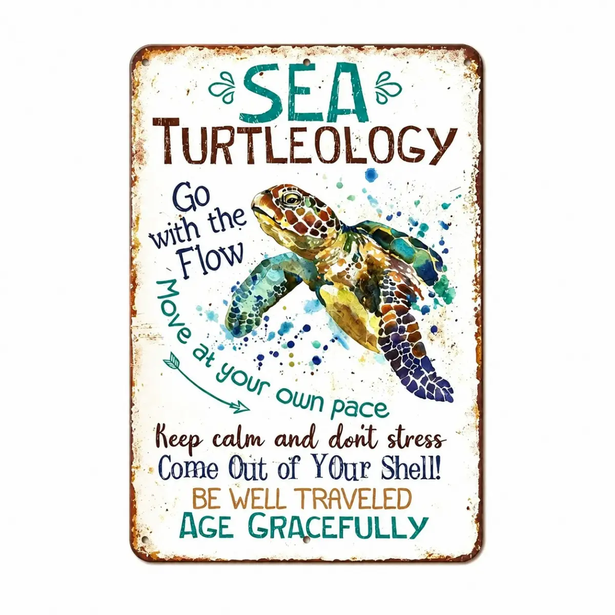 8x12 in Nautical Sea Turtle Metal Sign, Coastal Wall Decor with "Go With The Flow" Inspirational Quote, Beach Adult Outdoors Camper RV Home Hanging Art Plaque
