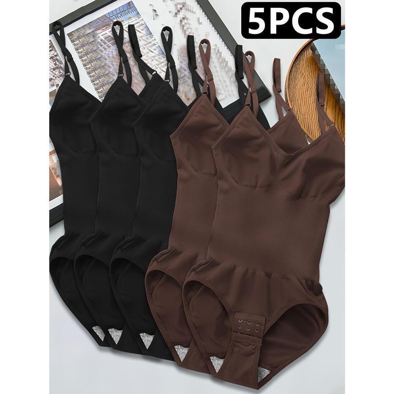 5pcs Women's Seamless Shapewear Bodysuit with Abdominal Compression & Hip Lifting - Tummy Control, No Padding, Stretchy Nylon-Spandex Blend, Black/Brown/White/Beige/Navy Blue, for Travel & Casual Attire, Comfort Undergarment |         Closefitting Sha