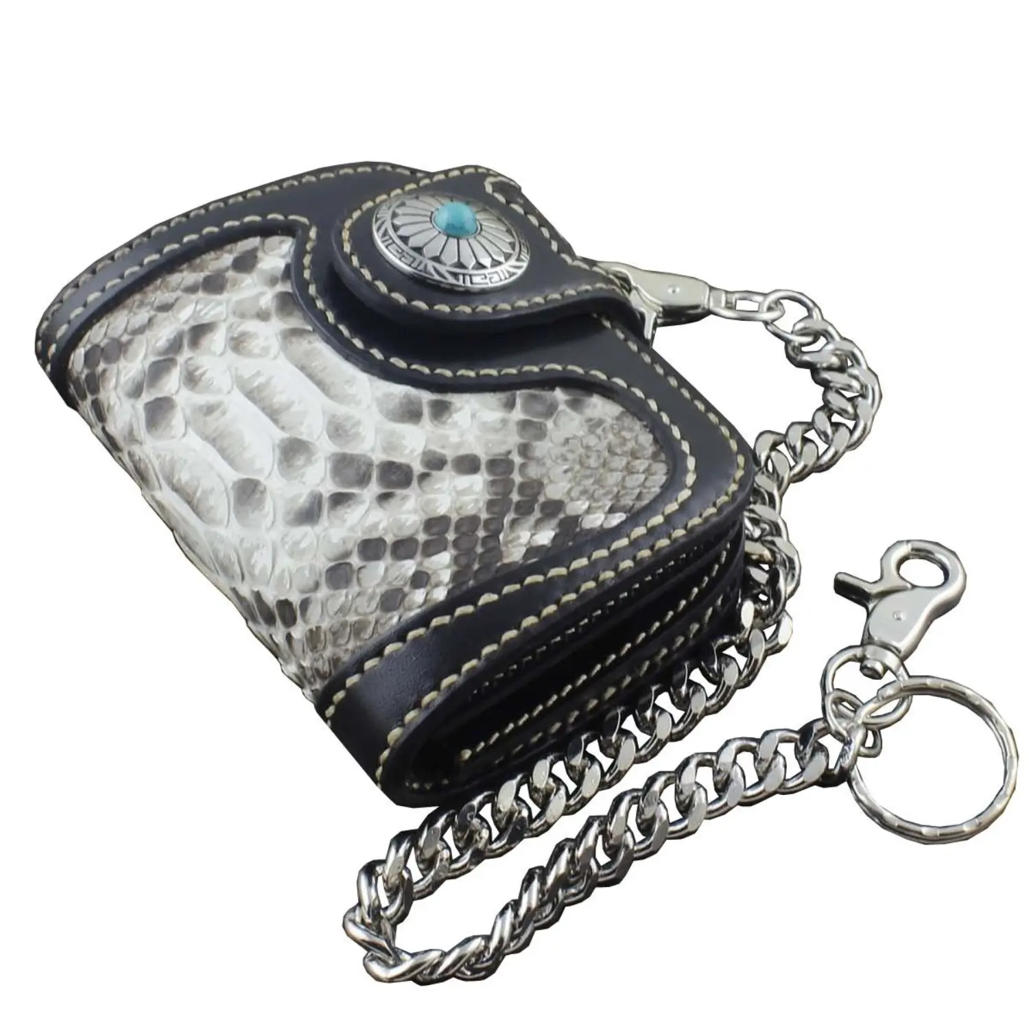Men's Handmade Real Snake Skin Leather Short Wallet - Vintage Biker Purse with Chain, Card Holder Wallet, Vintage Card Holder for Casual Wear, Attached Chain