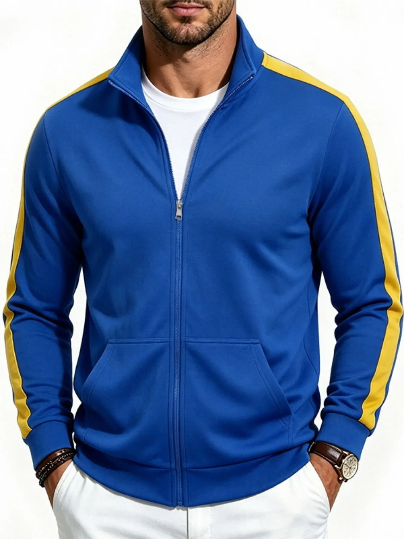 American Vintage Track Jacket, Dual Side Color Block Stripes, Stand Collar Full Zip Long Sleeve, Men's Fitness Walking Casual Outerwear