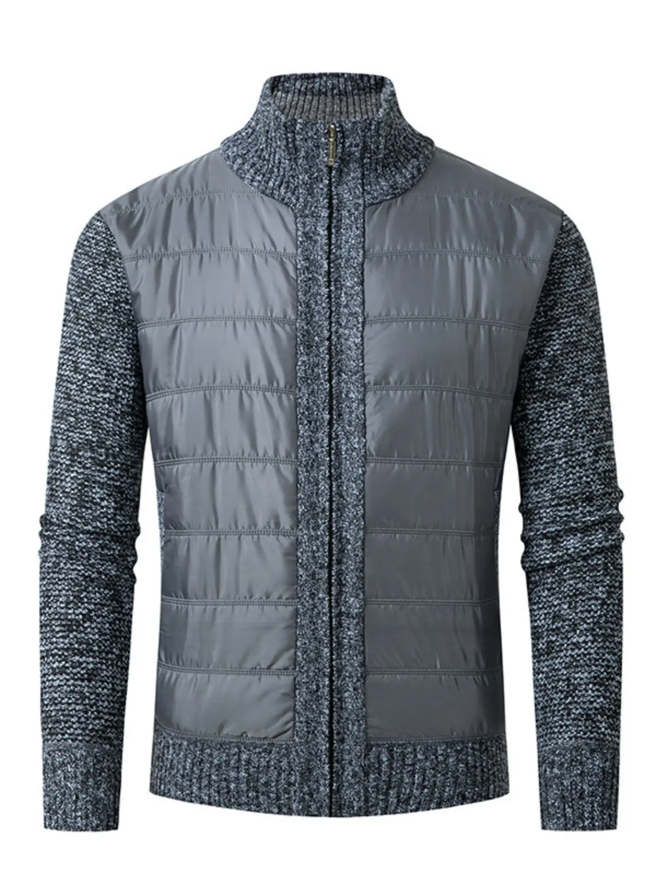 2026 New Men's Windproof Knit Patchwork Zipper Cotton Cardigan, Wine Colorblock Fleece Warm Stand Collar Sweater Coat with Side Pockets