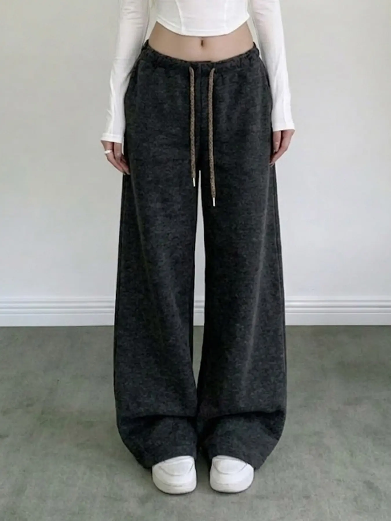 Women's Fall Winter Deep Wide Leg Sweatpants, High Waist Drawstring Loose Fit Casual Long Pants, Street Style Plain Surface Unlined