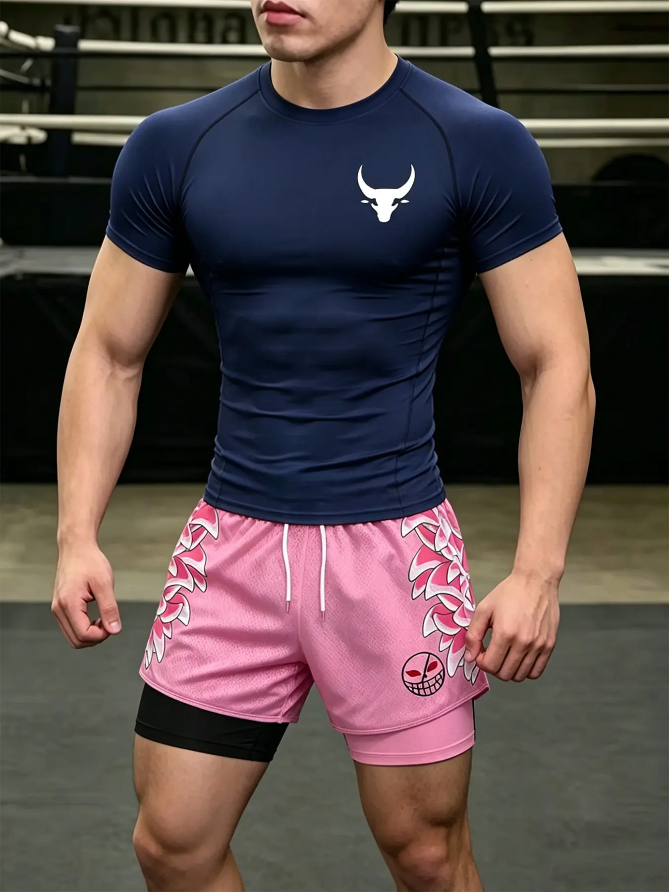 Summer Men's Fitness Compression Workout 2 Pieces Tight Training Short Sleeve Top Pink Double Layer Shorts Set Bull Head Horn Graphic Print For Running Gym Athletic Outfit