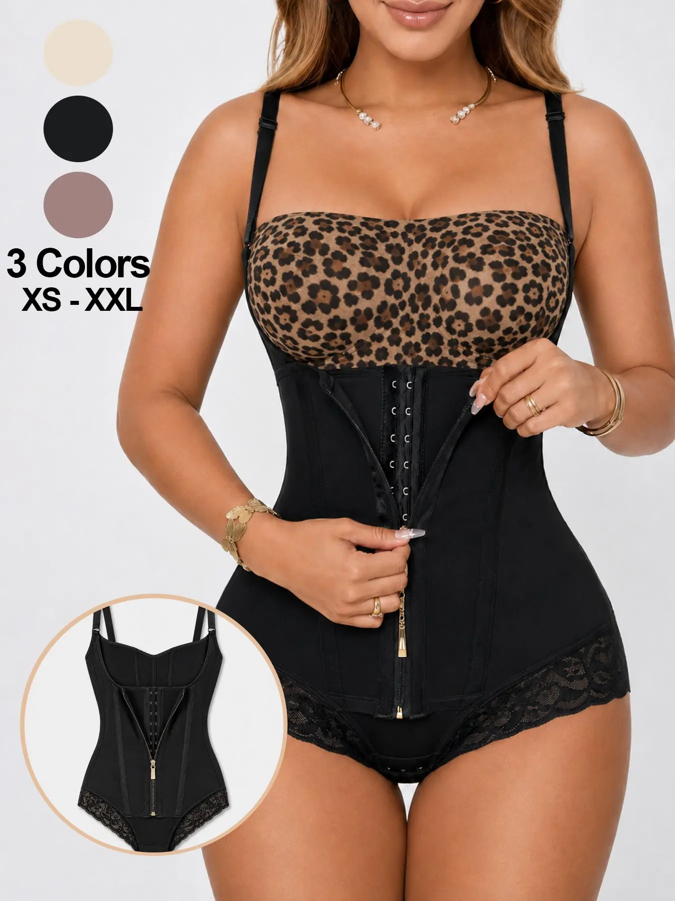 1 Count Women's Medium Compression Tummy Control Shaping Shapewear Bodysuit Two-layer Hook&Zip Design Adjustable Wide Straps Crotch Opening Easy Bathroom Access Breathable For Commute and Daily Wear (Without bras)