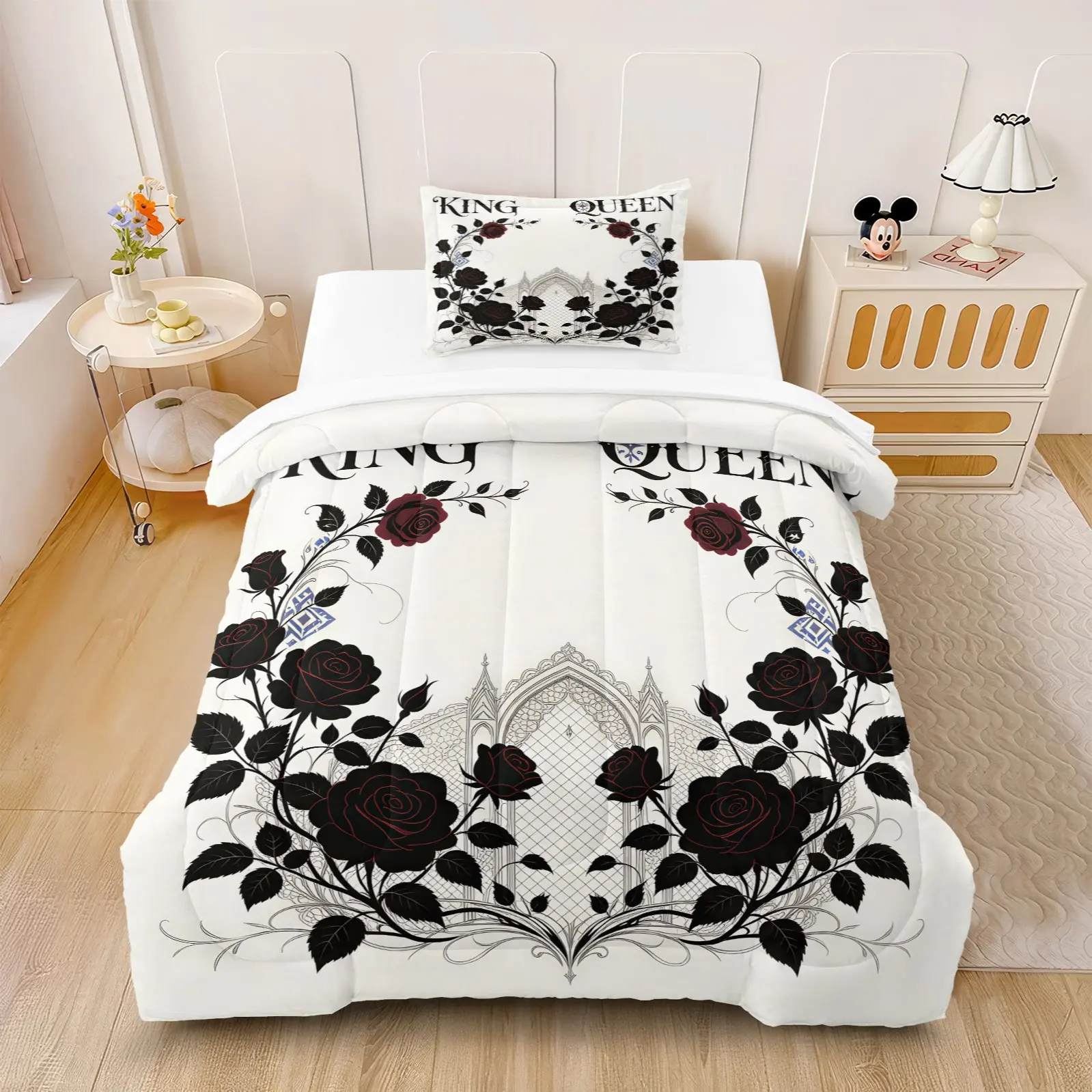 2/3pcs Dark Luxury Comforter Set with Thorn Rose, Scepter & Pearl Lace Prints, Fade Resistant Premium Microfiber Bedding, Ideal for Bedrooms, Hotels, Wedding Prep & Newlyweds, Comforter Filling Included, Pillow Inserts Not Included