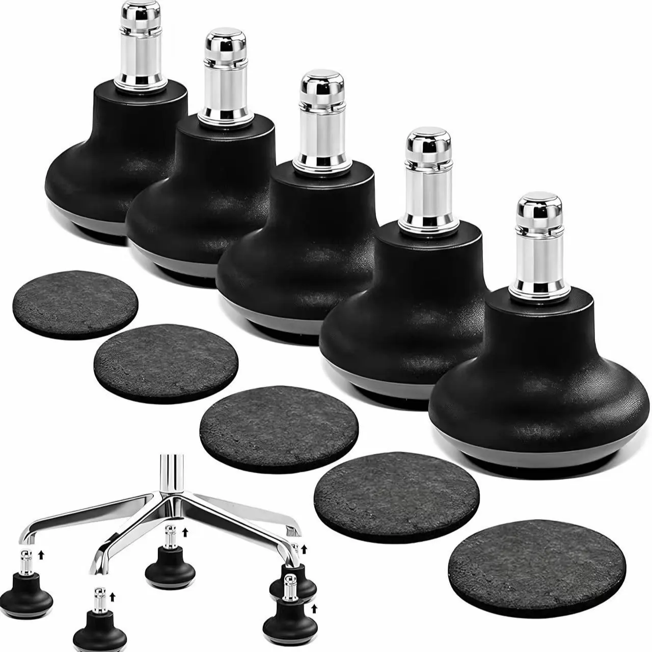 5-Pack Chair Wheel Stoppers - Convert Swivel Casters to Fixed Non-Rolling Casters with Self-Adhesive Felt Pads for Carpet & Hard Floor Protection - Prevent Chair Movement & Floor Scratches