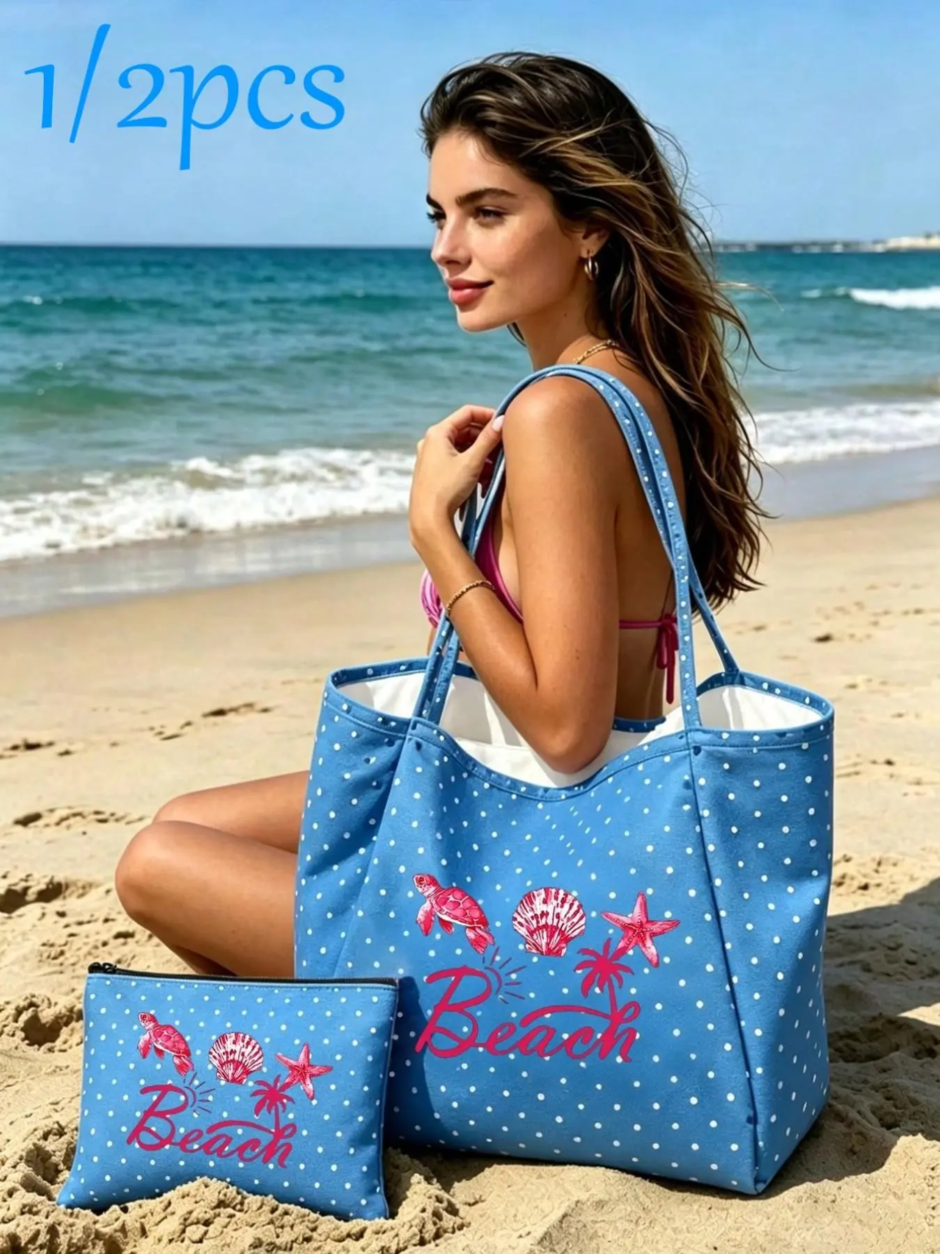 Women's Summer Beach Bag Set, Polka Dot Canvas Tote with Embroidered Ocean Elements, Large Capacity Reusable Handbag, Perfect for Beach Vacations