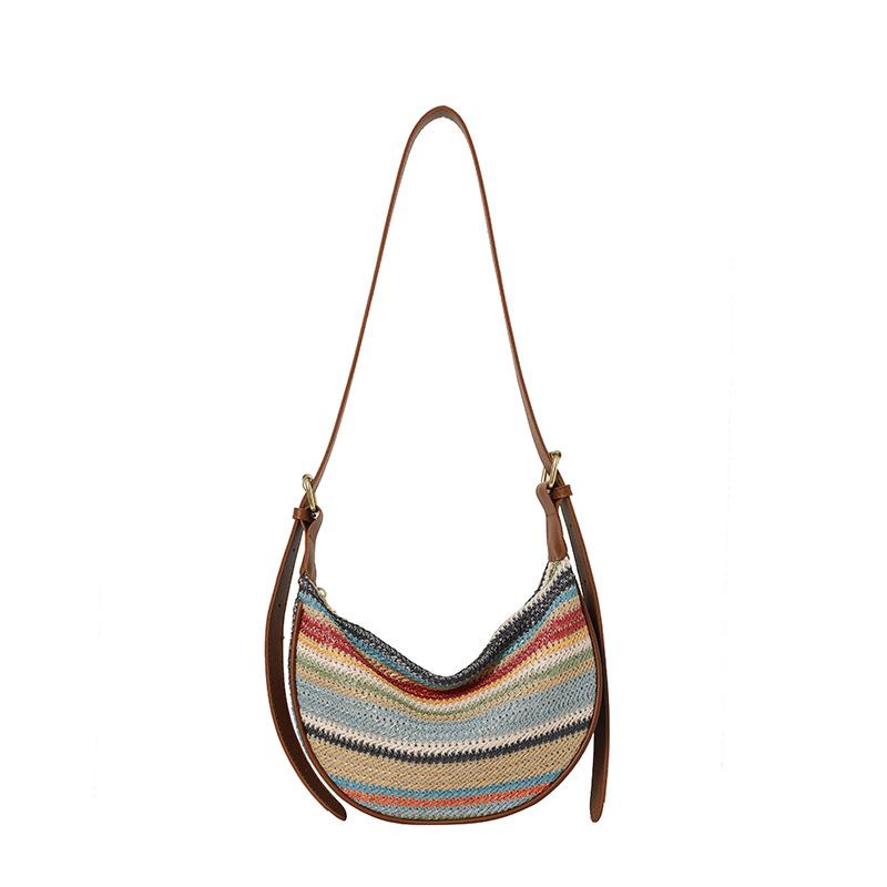Summer Woven Bag for Women – New Style Large Capacity Cross-body Bag with Shoulder Strap – Rainbow Stripes Dumpling-Shaped Woven Fabric Tote for Daily Commuting