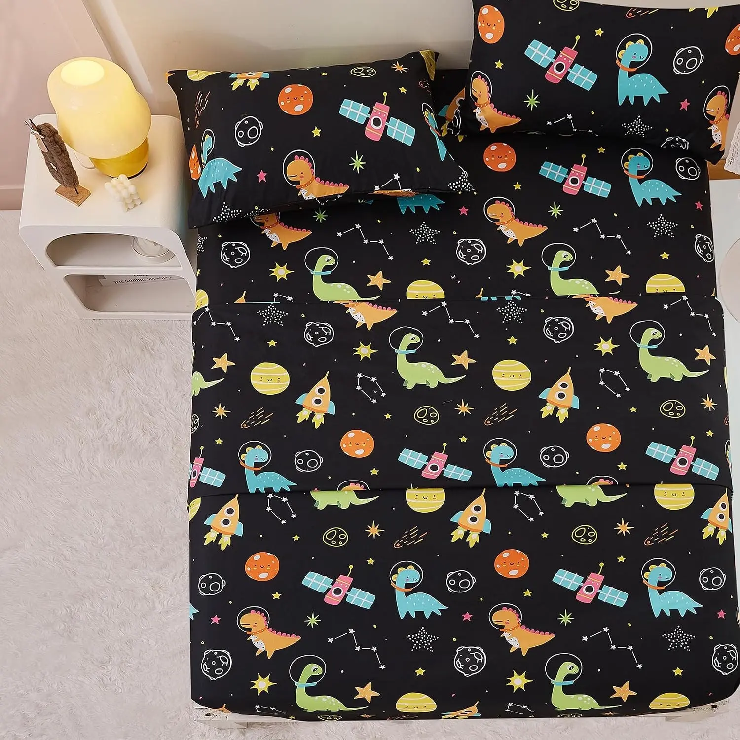 Space Dinosaur Full Size Sheet Set for Boys, Kids Cute Planet Printed Microfiber Bedsheet Deep Pocket Bedding Sheets & Pillowcases 4 Pieces