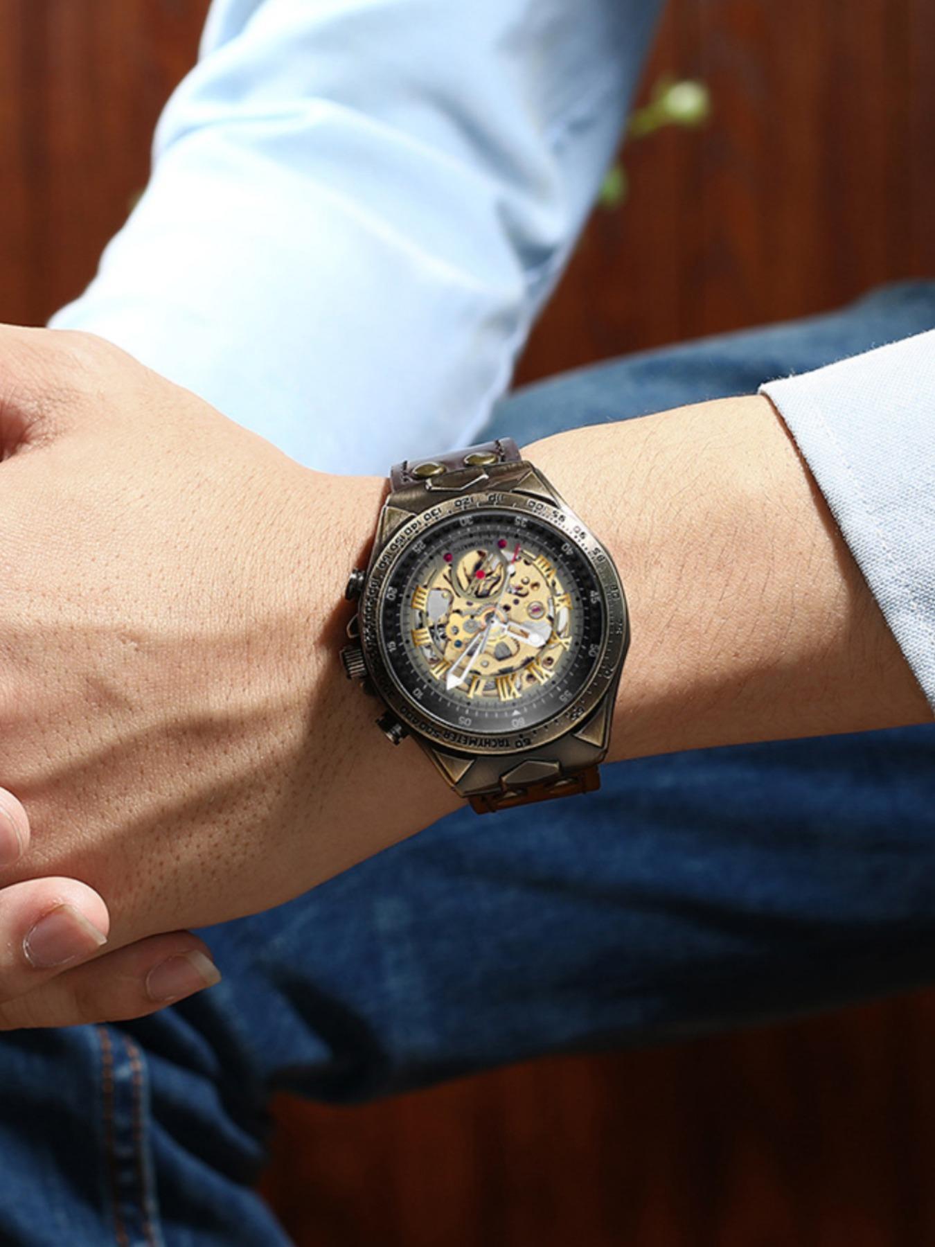 Men's Vintage Mechanical Watch, Fashion Skeleton Automatic Watch for Party, Daily Clothing Decor, Trendy All-match & Exquisite Watch for Gift with Box, Self Winding Watches