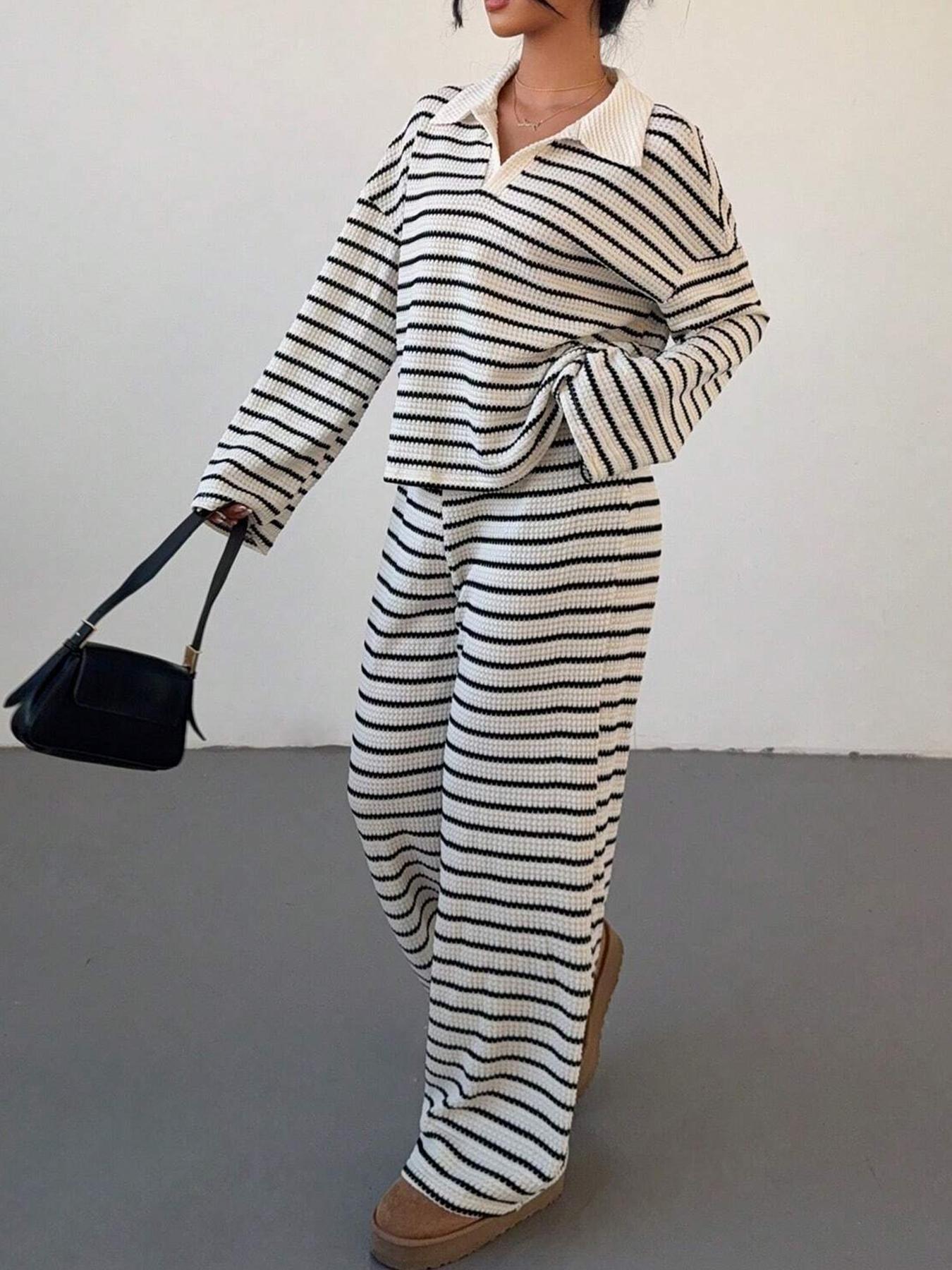 2-piece women's loose striped V-neck dropped shoulder long-sleeved T-shirt and elastic waist striped pants autumn and winter knitted suit