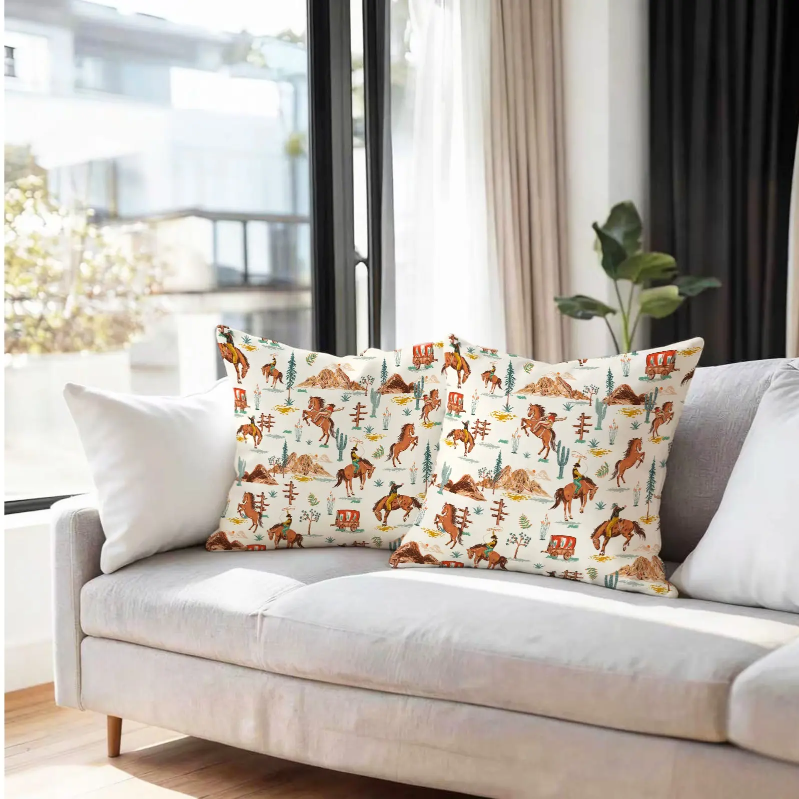 Vintage Western Wild‑West Throw Pillow with Insert, Retro Horse Cactus Desert Print Cushion for Living Room Study Decor 