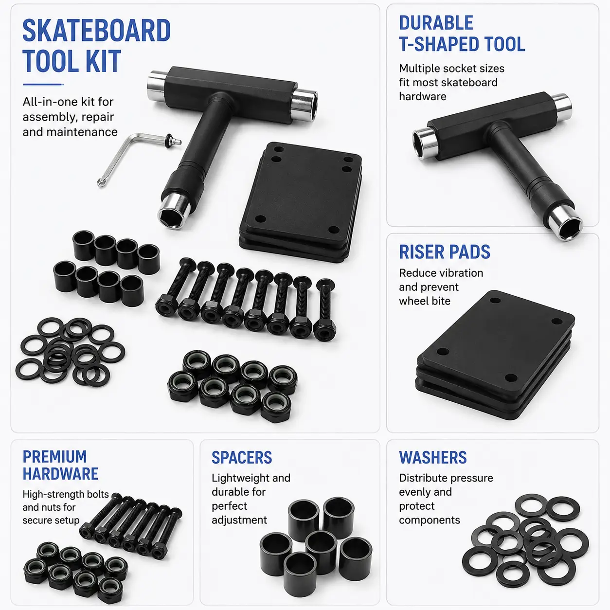 Professional Land Surfing Skateboard Hardware Kit Including 29mm Kingpin Bolts, 3mm PU Bushings, Washers, Socket Wrench, and Thread Repair Tools for Smooth Turning and Enhanced Stability