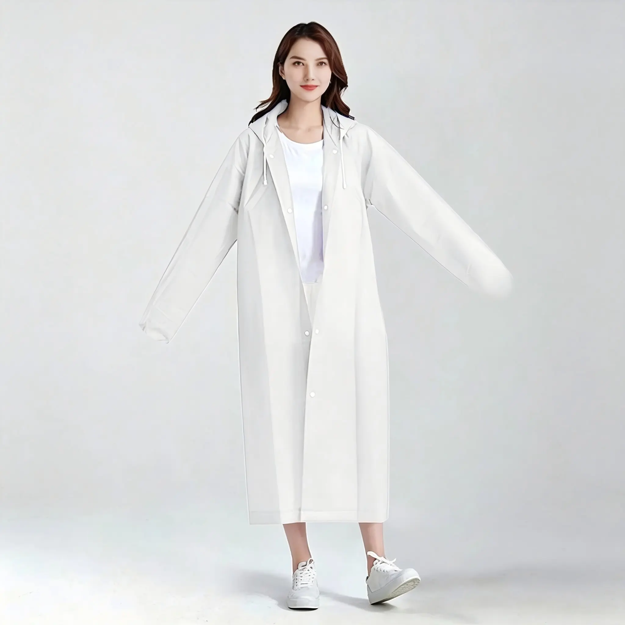 1pc White Thickened Transparent EVA Hooded Full-Body Raincoat, Portable Outdoor Rain Jacket Long Sleeve Jumpsuit Raincoat Adult Outdoor Riding Fashion Jumpsuit Raincoat Raincoat Adult Fashion Trench Coat Style Raincoat EVA