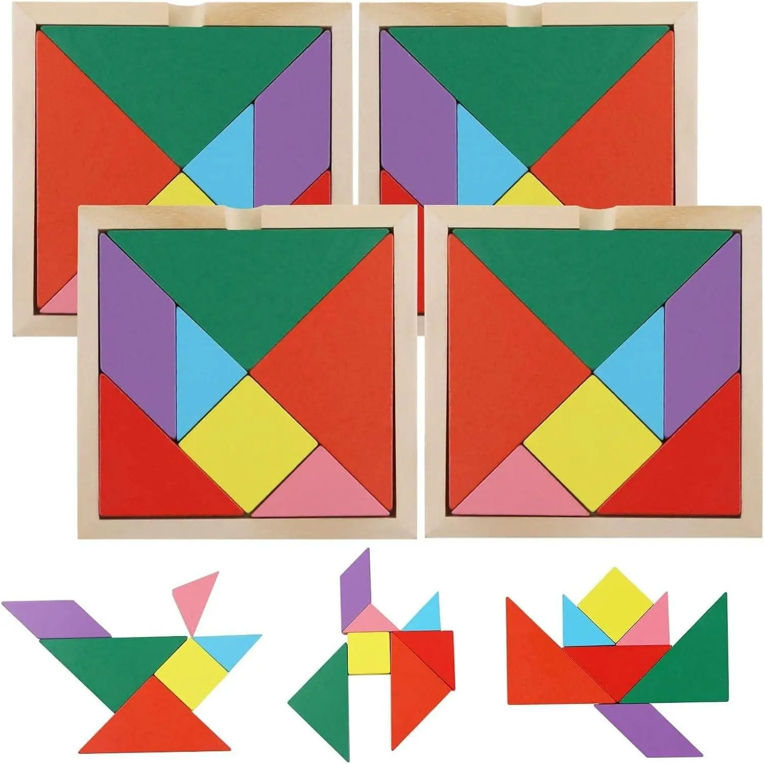 Wooden Tangram Puzzles for Kids, Educational Shape Puzzle Toys, STEM Montessori Brain Logic Blocks, 4 Pack