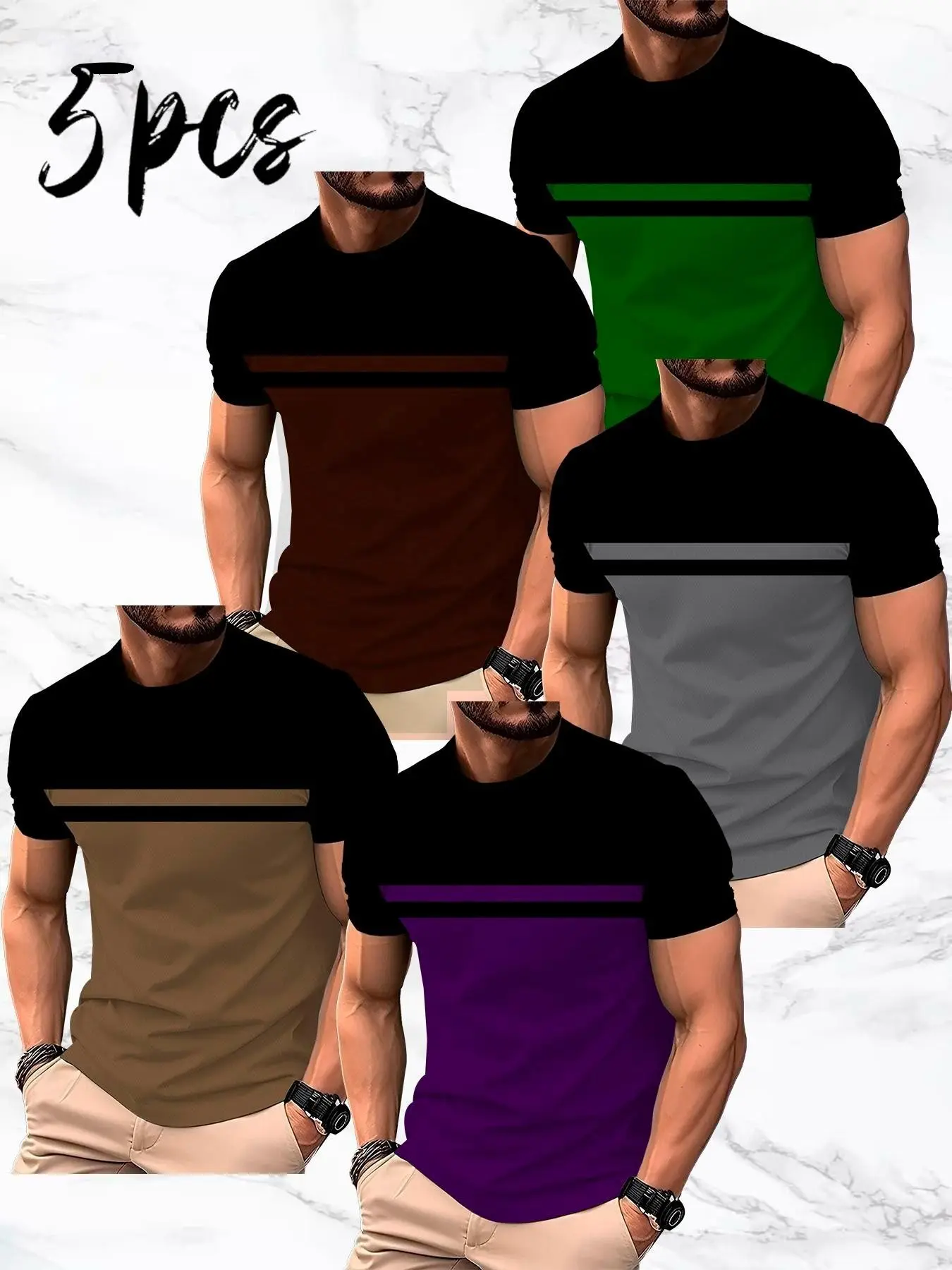 5-Pack Men's Body Colorblock Horizontal Stripes Short Sleeve T-Shirt, Menswear, Casual Slim Fit Round Neck, Summer Daily Wear, Top