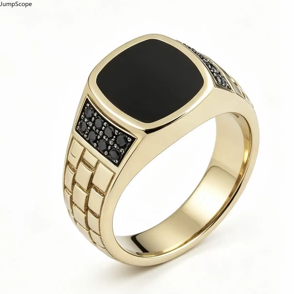 Men's Gold-Plated Mdf+Steel Signet Ring, Micro Pave Black Zircon, Brick Grid Textured Wide Comfort Fit Band for Business & Daily Indoor Recreation Wear