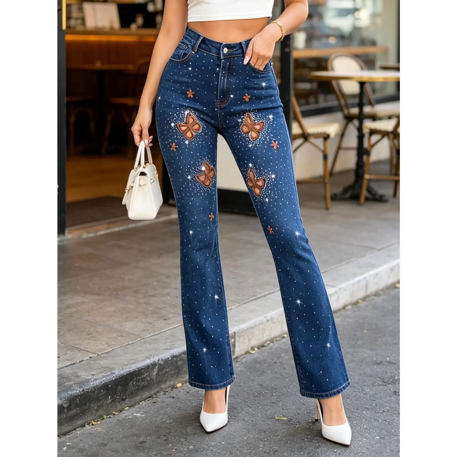 Women's High Waisted Flare Jeans with Rhinestones & Butterfly Cutout Embroidery, Y2K Sparkle Stretch Denim Pants, Slim Fit Bootcut Jeans for Women campingessentials